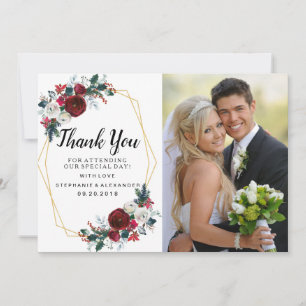 Geometric Gold Frame Burgundy Winter Flowers Thank You Card