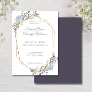 Geometric Gold Frame Dusty Blue Florals Wedding Invitation