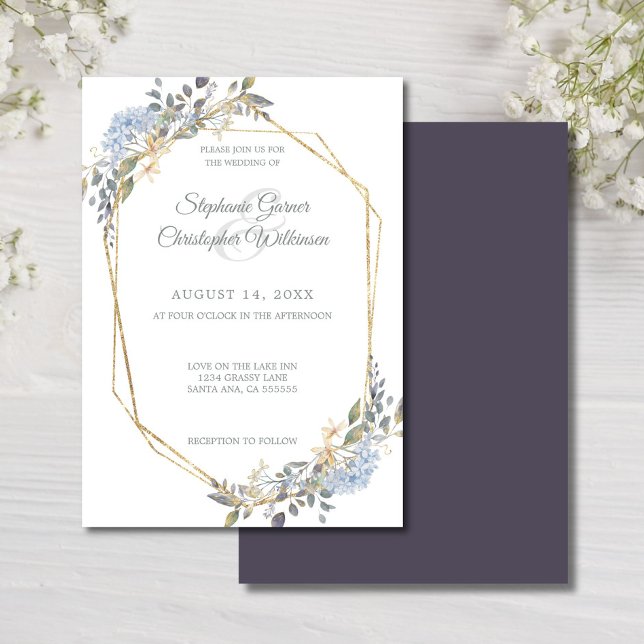 Geometric Gold Frame Dusty Blue Florals Wedding Invitation (Creator Uploaded)