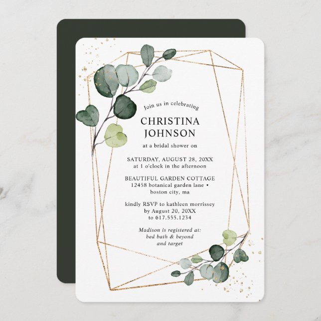 Geometric Gold Frame Eucalyptus Bridal Shower Invitation (Front/Back)