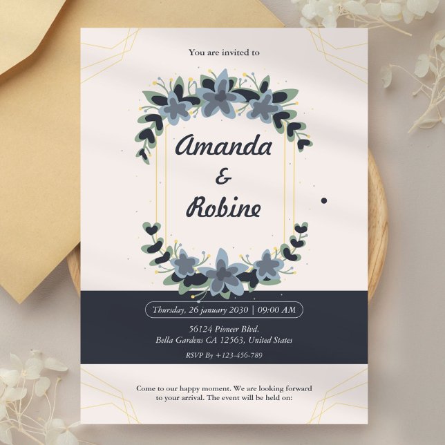 Geometric Gold Frame Floral Wedding Invitation (Creator Uploaded)