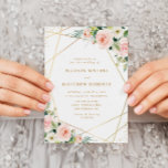 Geometric gold frame pink blush floral wedding invitation<br><div class="desc">A beautiful design with lovely hand painted pink blush watercolor flowers and a modern geometric faux gold frame with text in the middle. The text and pink back colour can be edited along with other features of this template.</div>