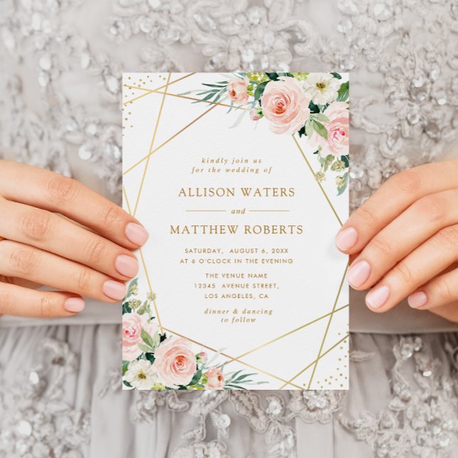 Geometric gold frame pink blush floral wedding invitation (Creator Uploaded)