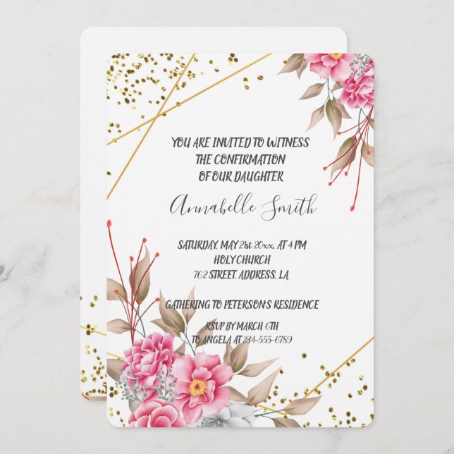 Geometric Gold Frame Pink Floral  CONFIRMATION Invitation (Front/Back)
