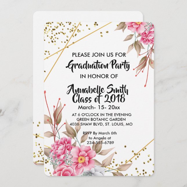Geometric Gold Frame Pink Floral  Graduation Invitation (Front/Back)