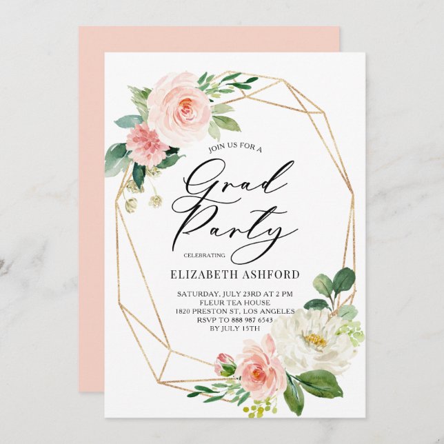 Geometric Gold Frame Pink Floral Graduation Party Invitation (Front/Back)