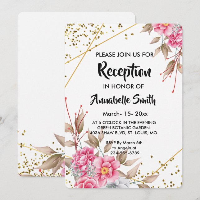 Geometric Gold Frame Pink Floral Reception Invitation (Front/Back)