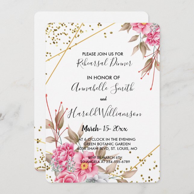 Geometric Gold Frame Pink Floral Rehearsal Dinner Invitation (Front/Back)