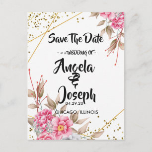 Geometric Gold Frame Pink Floral Save the Date Announcement Postcard