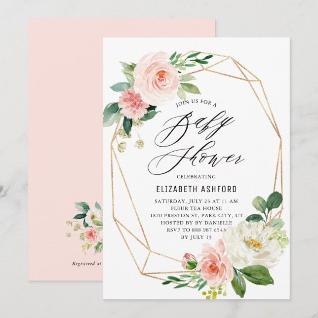 Geometric Gold Frame Pink Florals Baby Shower Invitation (Front/Back)