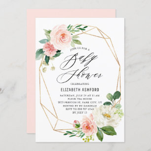 Geometric Gold Frame Pink Florals Baby Shower Invitation