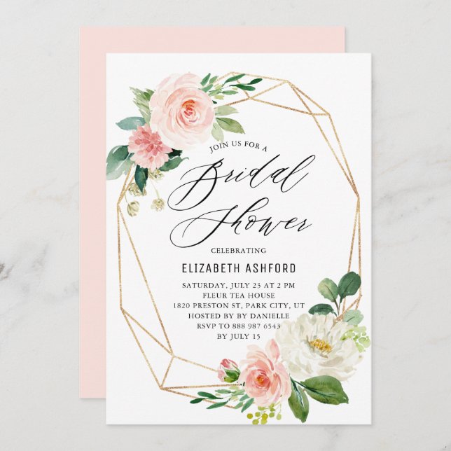 Geometric Gold Frame Pink Florals Bridal Shower Invitation (Front/Back)