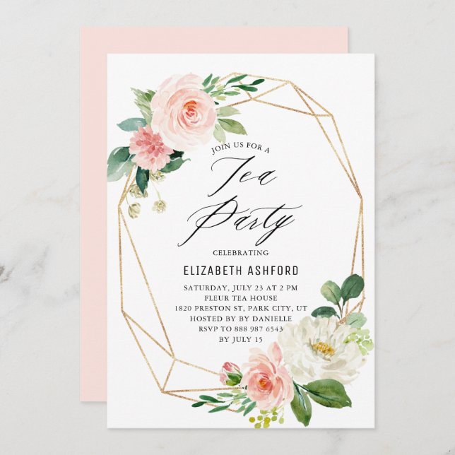 Geometric Gold Frame Pink Florals Tea Party Invitation (Front/Back)