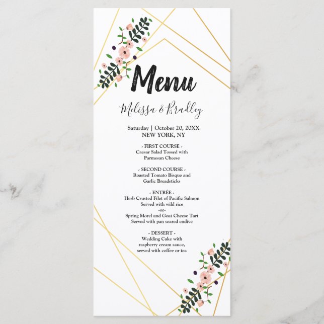 Geometric Gold Frame purple floral    Wedding Menu (Front)