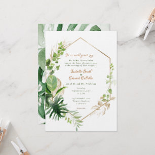 Geometric Gold Frame Tropical Green Leaves Wedding Invitation