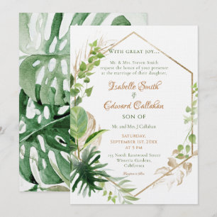 Geometric Gold Frame Tropical Green Leaves Wedding Invitation