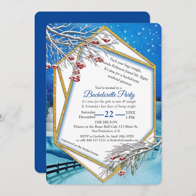 Geometric Gold-Frame Winter Bachelorette Party Invitation (Front/Back)