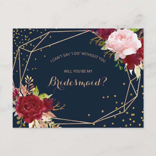 Geometric Gold Glitter and Red Tropical Bridesmaid Invitation Postcard (Front)
