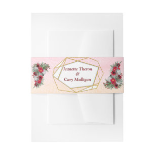 Geometric - Gold Glitter Burgundy Flowers Invitation Belly Band