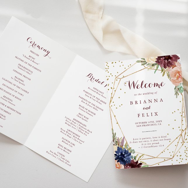 Geometric Gold Glitter Calligraphy Folded Wedding Program (Creator Uploaded)