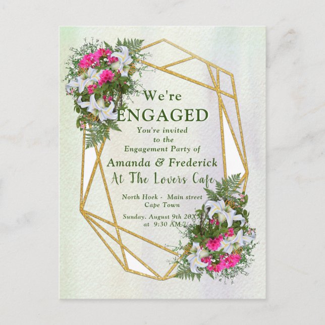 Geometric - Gold Glitter Flower Bouquet Engagement Invitation Postcard (Front)