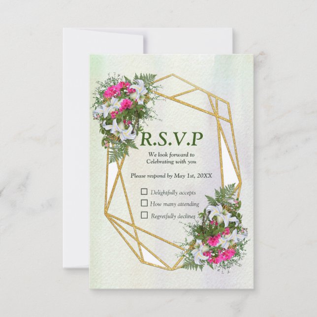 Geometric - Gold Glitter Flower Bouquet RSVP Card (Front)