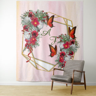 Geometric Gold Glitter frame & Burgundy Flowers Tapestry