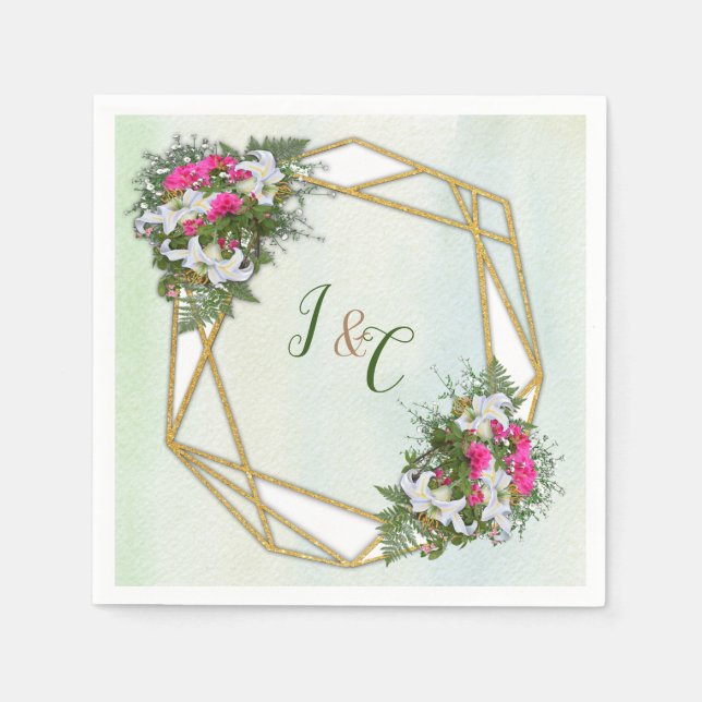 Geometric - Gold Glitter Frame & Flower Bouquets Napkin (Front)