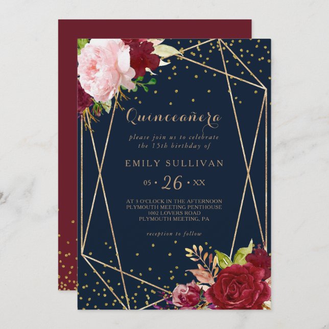 Geometric Gold Glitter Red Quinceañera Invitation (Front/Back)