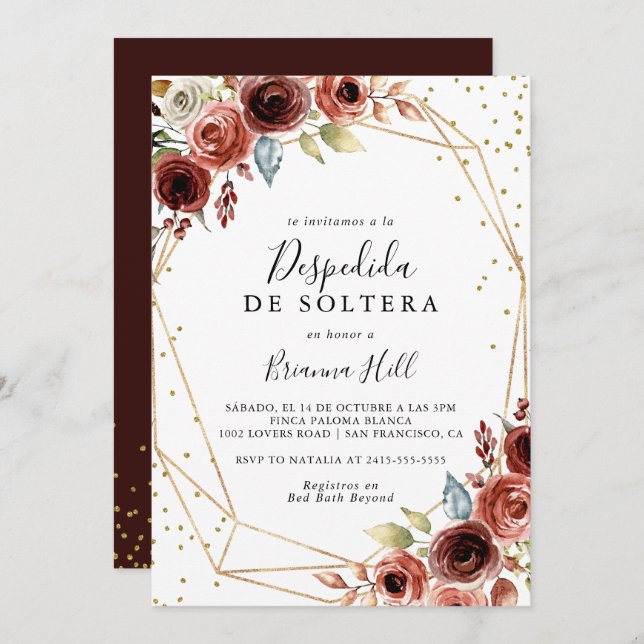 Geometric Gold Glitter Spanish Bridal Shower Invitation (Front/Back)