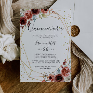 Geometric Gold Glitter Spring Floral Quinceañera Invitation