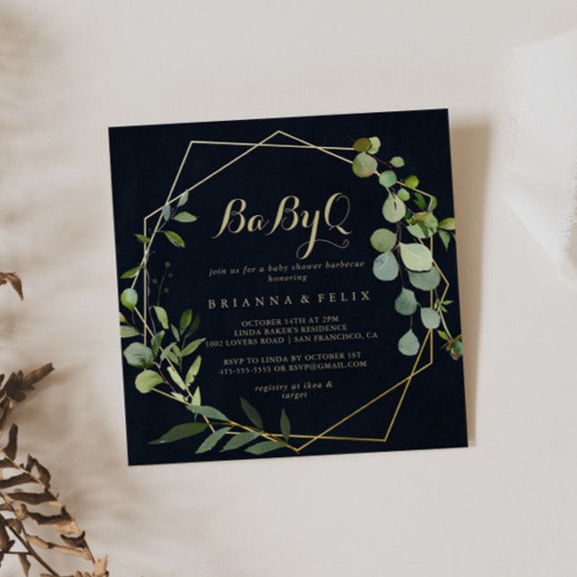 Geometric Gold Green BabyQ Baby Shower Barbecue Invitation (Creator Uploaded)