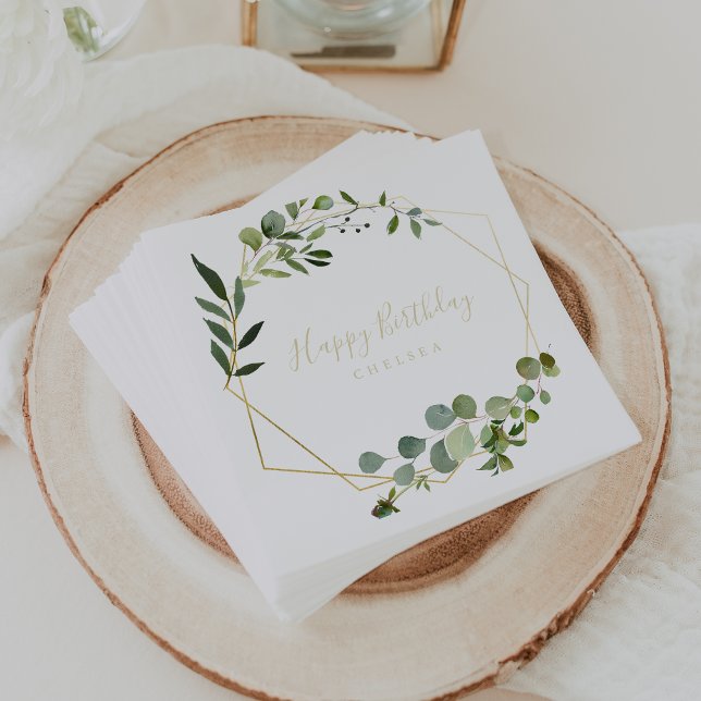 Geometric Gold Green Calligraphy Happy Birthday Napkin (Creator Uploaded)