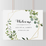 Geometric Gold Green Engagement Party Welcome Sign<br><div class="desc">This geometric gold green engagement party welcome sign is perfect for a simple engagement celebration. The design features hand-painted beautiful green leaves,  adorning a gold geometric frame.

Make this poster your own by adding the name of the bride and groom,  and the date of the engagement.</div>