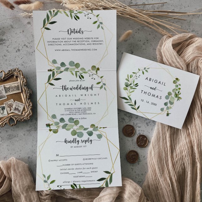 Geometric Gold Green Eucalyptus Wedding Tri-Fold Invitation (Creator Uploaded)