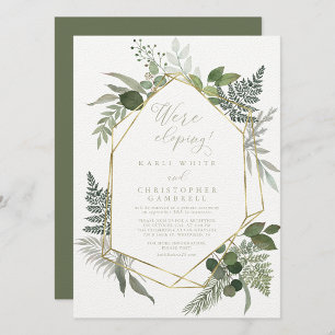 Geometric Gold Green Foliage Elopement Reception Invitation