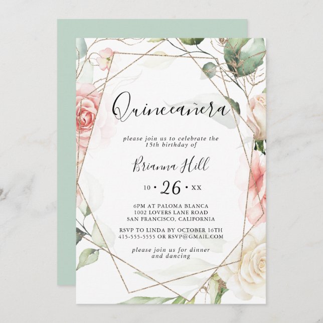 Geometric Gold Green Foliage Floral Quinceañera Invitation (Front/Back)