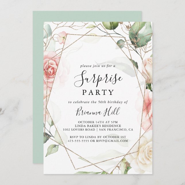 Geometric Gold Green Foliage Floral Surprise Party Invitation (Front/Back)