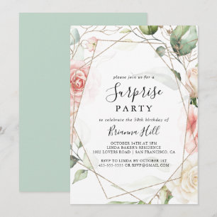 Geometric Gold Green Foliage Floral Surprise Party Invitation
