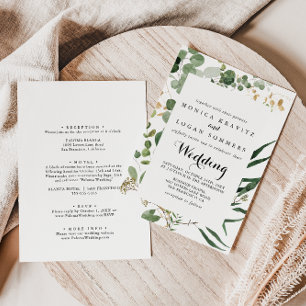 Geometric Gold Green Foliage Front & Back Wedding  Invitation