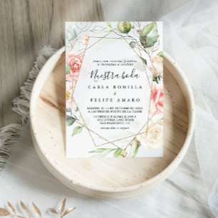 Geometric Gold Green Foliage Nuestra Boda Wedding Invitation