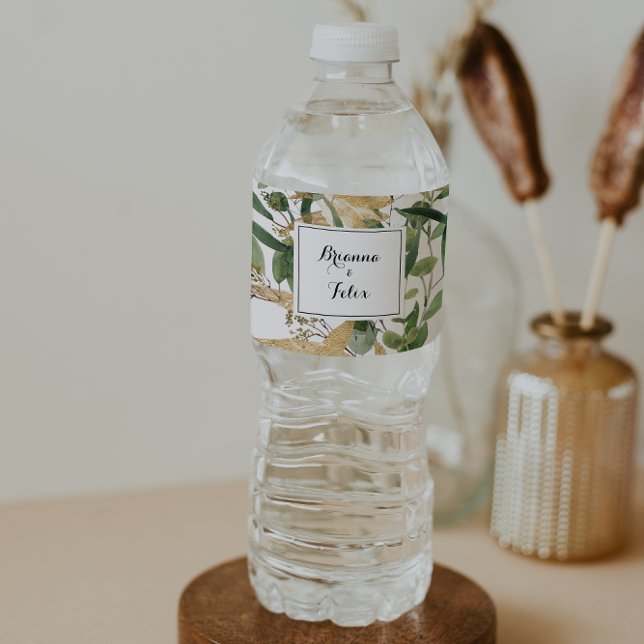 Geometric Gold Green Foliage Wedding  Water Bottle Label (Creator Uploaded)
