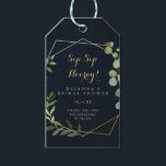 Geometric Gold Green Sip Sip Hooray Bridal Shower  Gift Tags<br><div class="desc">These geometric gold green sip sip hooray bridal shower gift tags are perfect for a simple wedding shower. The design features hand-painted beautiful green leaves in a dark blue background,  adorning a gold geometric frame.</div>