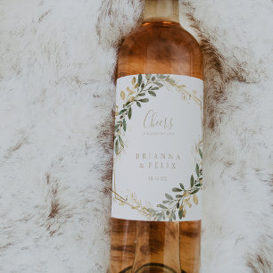 Geometric Gold Greenery Cheers Wedding Wine Labels