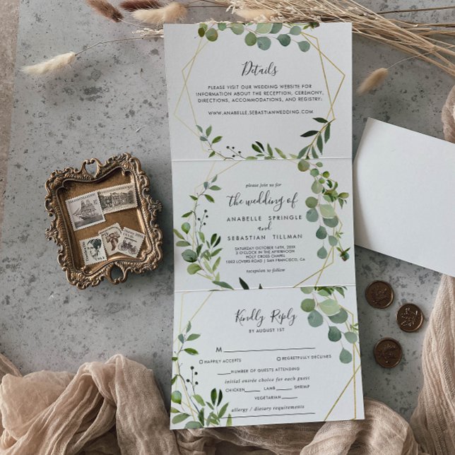 Geometric Gold Greenery Eucalyptus Wedding Tri-Fold Invitation (Creator Uploaded)