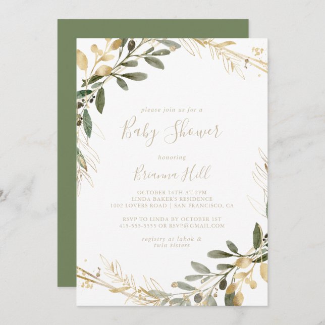 Geometric Gold Greenery Fall Baby Shower  Invitation (Front/Back)