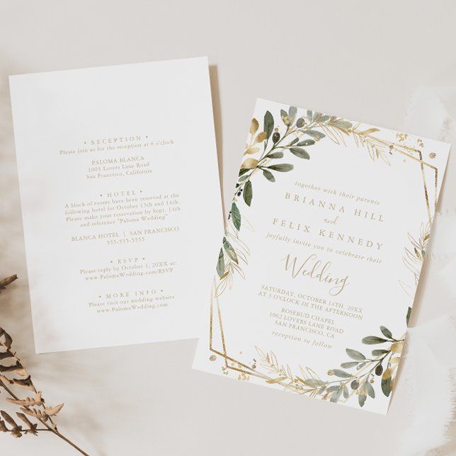 Geometric Gold Greenery Fall Front & Back Wedding Invitation (Creator Uploaded)