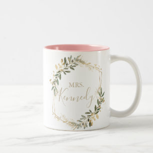 Geometric Gold Greenery Fall Mrs Newlywed Bride Two-Tone Coffee Mug