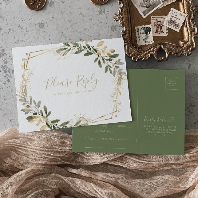 Geometric Gold Greenery Menu Choice RSVP Postcard (Creator Uploaded)