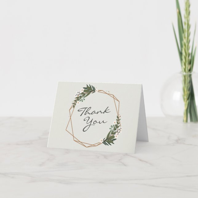 Geometric Gold Greenery Modern Boho Wedding Thank You Card (Front)